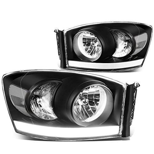 Pair of LED DRL Neon BAR Black Housing Clear Corner Headlight Headlamps Compatible with Dodge Ram 1500 2500 3500 06-09