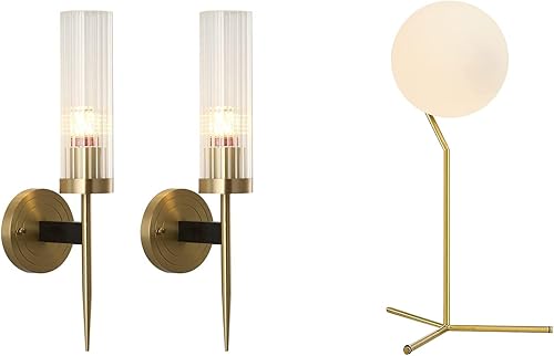 BOKT Juego de 2 apliques de pared de cristal transparente moderno de mediados de siglo, latón dorado, lámpara de pared larga vintage para baño,