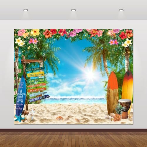 Beach Hawaiian Backdrop 10x8ft Summer Tropical Palm Tree Ocean Sea Seaside Surfboard Surf Party Photography Background Luau Aloha Hawaii Beach Theme Party Decorations Banner Photoshoot Supplies