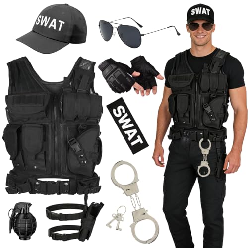 YURDELF SWAT Tactical Kostümset für Erwachsene - Komplettset mit SWAT Kostüm Weste, Mütze & realistischen Accessoires Polizei Kostüm Herren für...