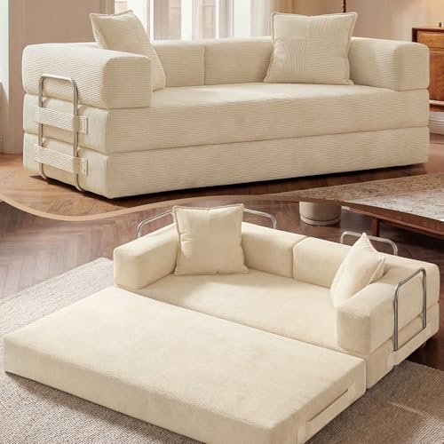 Image of GRUSIGN 78 inch 5-in-1 Convertible Futon Sofa Bed, Boneless Corduroy, Ivory