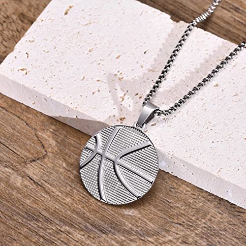 Mealguet Basketball Pendant Sports Necklace - Stainless Steel Hip Hop Jewelry Basketball Fans Gift For Mens For Birthday Christmas Fathers Day Silver 24" Rolo Chain #TOP3