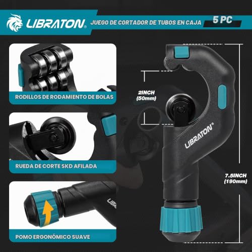 Miniatura 2 de Libraton Cortatubos 3-50mm, Cortadores Cobre De Alta Resistencia, Cortador De Tubos Pex, Herramienta De Desbarbado Y Escariador, Juego De 5pcs Para Cortar Tubos De Cobre, Aluminio, Pex Y Pvc, Con Caja