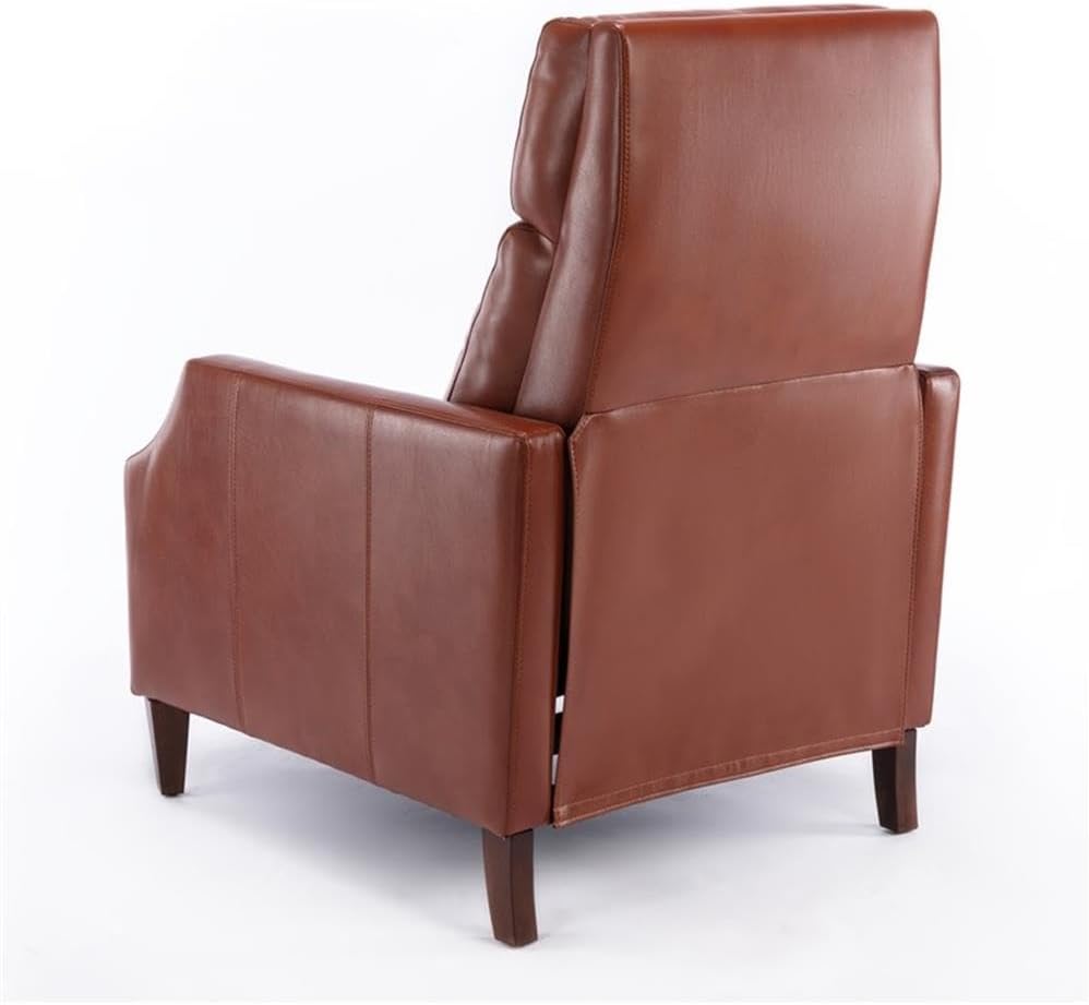 Pemberly Row Push Back Recliner, Caramel Faux Leather Upholstery, Wooden Legs, 41.5" H x 28" W x 36" D, Modern Minimalist Style, Comfortable Living Room Chair with Drop-in Coil Seating