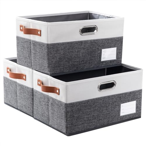 Image of PRANDOM Foldable Storage Bins with Handles [3-Pack] Fabric Collapsible Storage Boxes Baskets Cubes Containers with Handles for Closet Living Room Bedroom (Grey & White 14.9x9.8x8.3'')