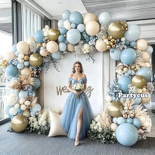 Image of Dusty Blue White Sand Balloon Garland Double Stuffed Pastel Light Blue Cream Beige Matte Balloon Arch Kit with Gold Latex for Neutral Baby Shower Bridal Wedding Birthday Mothers Day Summer Party