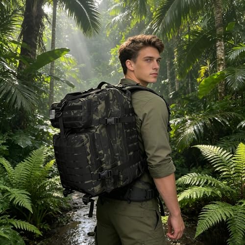 Image of Military Tactical Backpack for Men, 45L 3 Day Assault Pack, Heavy Duty Large Molle Backpack for Outdoor, Hiking, Camping, Camouflage Black