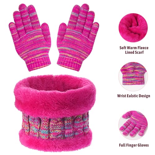 Image of Kids Winter Beanie Hat Scarf Gloves Set for 3-8 Years Old Boys Girls, Thick Warm Knitted Hat Gloves Fleece Lined Scarf Set