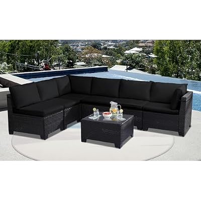 KIGOTY Patio Furniture Set,7 Pieces Modular Outdoor Sectional Sofa, PE Rattan Patio Conversation Set, All Weather Wicker Patio Furniture with Cushions and Coffee Table (Black/Black-X)