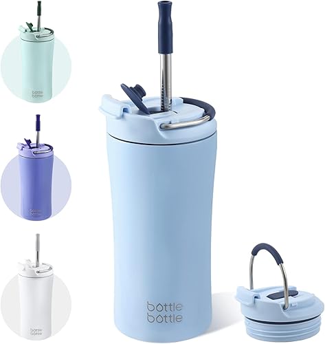 BOTTLE BOTTLE Vasos de café aislados con tapa de doble uso y pajita, taza de café de viaje con doble pared para mujer y hombre, vaso de acero