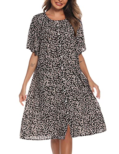 Image of COSUNIONY House Dresses for Women Cotton Short Sleeve House Coat Buttons Down Dusters Robe with Pockets S-XXL