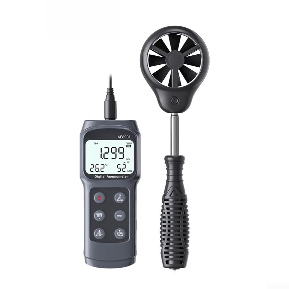 AE8901 Flügelrad-Anemometer Handgerät zur Windkraftmessung, 0.3–45 m/s, ±0.5 m/s + 5%, ABS Gehäuse, Temperatur- und Feuchtigkeitsanzeige, tragbar für Energie- und Landwirtschaf