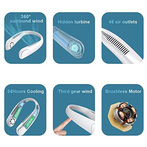 Image of TMY Portable Hanging Bladeless Neck Fan (White) | Rechargeable Battery Operated Personal Fan | 3 Speed Wearable Cooling Fan | Hands-Free USB Neck Fan for Travel, Office, Outdoor & Gym (TMY19)