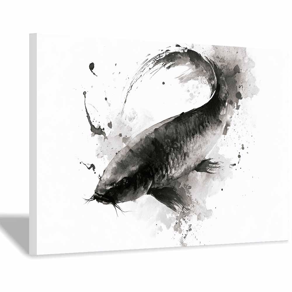 HOQIU Black And White Prints Brush Ink Koi Painting canvas wall art, painting and decor, for Living Room Bedroom Home Decoration(Multicolor)-60x80cm Framed