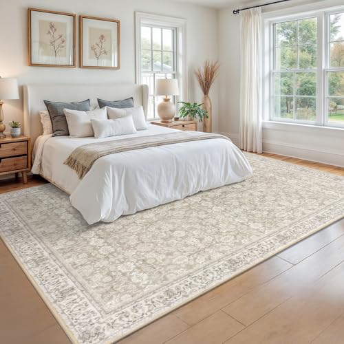 Cream Beige White Grey 9x12 Area Rug, Large Washable Rug for Living Room with Non-Slip Soft Vintage Bedroom Rugs Traditional Farmhouse Carpet for Nusery Dining Room Office Home Décor