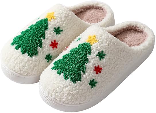 Christmas Slippers Memory Foam for Women Men, Cozy Plush Warm Non-Slip Holiday Slides with Santa Reindeer Designs Indoor Outdoor