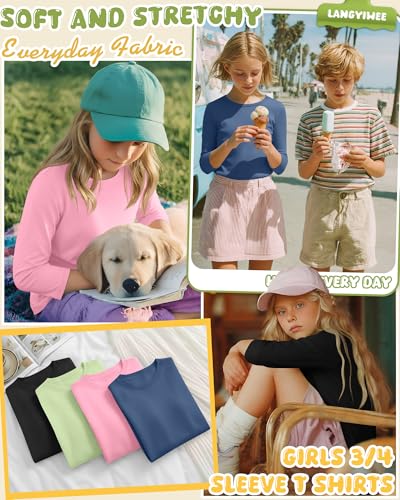 Image of 4 Pack Girls 3 /4 Sleeve T Shirts Kids Crewneck Elbow Sleeve Casual Tops Solid Basic Cute Teen Tees 5-14Y