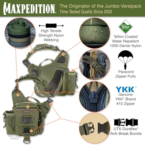 Image of MAXPEDITION Jumbo Versipack 7.4L Tactical Sling Bag, Concealed Carry Shoulder Bag, Crossbody EDC Bag, Compact Bug Out Bag, Messenger Bag for Survival Gear