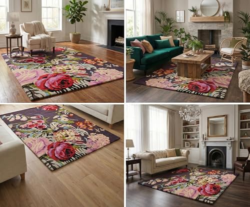 Image of Modern Rose Floral Wool Area Rug | Handmade Area Rug with Garden Colorful Flowers for Living Room Dining Room and Kitchen (Brown, 8' x 10')