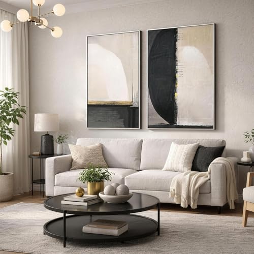 VGICH Set of 2 Framed Abstract Canvas Wall Art 24x36 Inch – Modern Black White Beige Hand Painted Textured Artwork, Large Contemporary Wall Decor for Living Room Bedroom Office