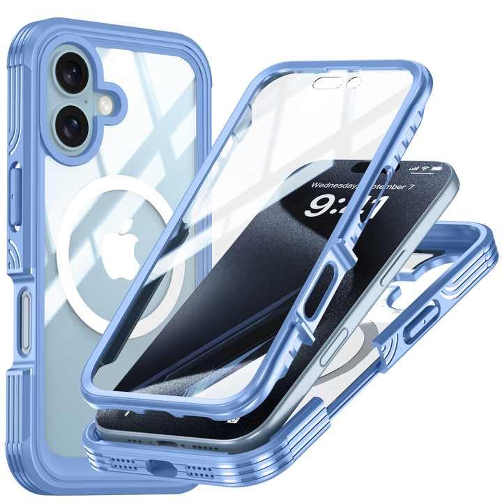 Image of LuxuryKase Shockproof Front & Back Cover for iPhone 16 Plus with Full Body Protection | Strong Grip | Camera & Screen Guard | Wireless Charging Support | Durable TPU+PC Design - Blue