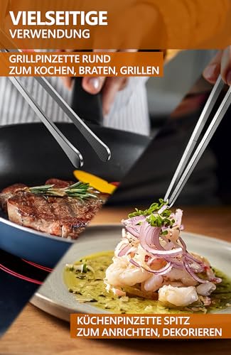 4smile Kochpinzette, 2 Stück Set - Kochpinzette Edelstahl, 30 cm lang, Pinzette Küche - Grillpinzette rund zum Kochen und Braten + Küchenpinzette spitz zum Dekorieren 3