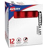 Avery Marks A Lot Jumbo Chisel Tip Marker, Desk-Style Size, Water and Wear Resistant, 12 Red Markers...