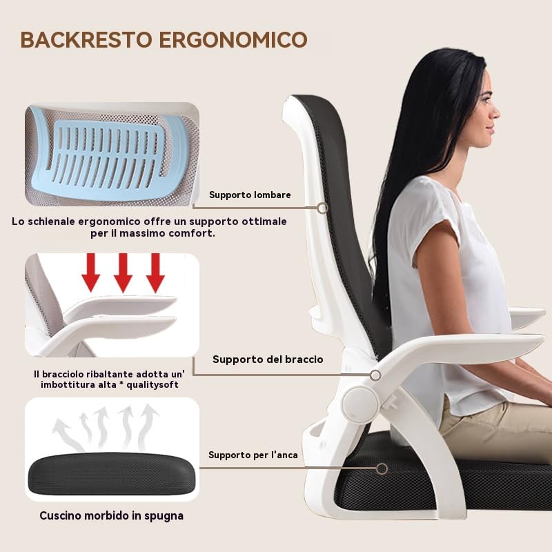 Sedia da Ufficio Ergonomica - Sedia Girevole in Rete Traspirante con Braccioli Ribaltabili e Supporto Lombare per Computer - Ufficio Domestico(Nero e Bianco)