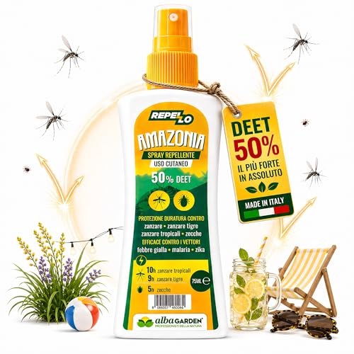 Albagarden – Spray Antizanzare e Anti Zecche DEET 50% 100 ml | Protezione Fino a 10 Ore Contro Zanzare e 5 Ore Contro Zecche – Repellente Cutaneo per Uso Esterno