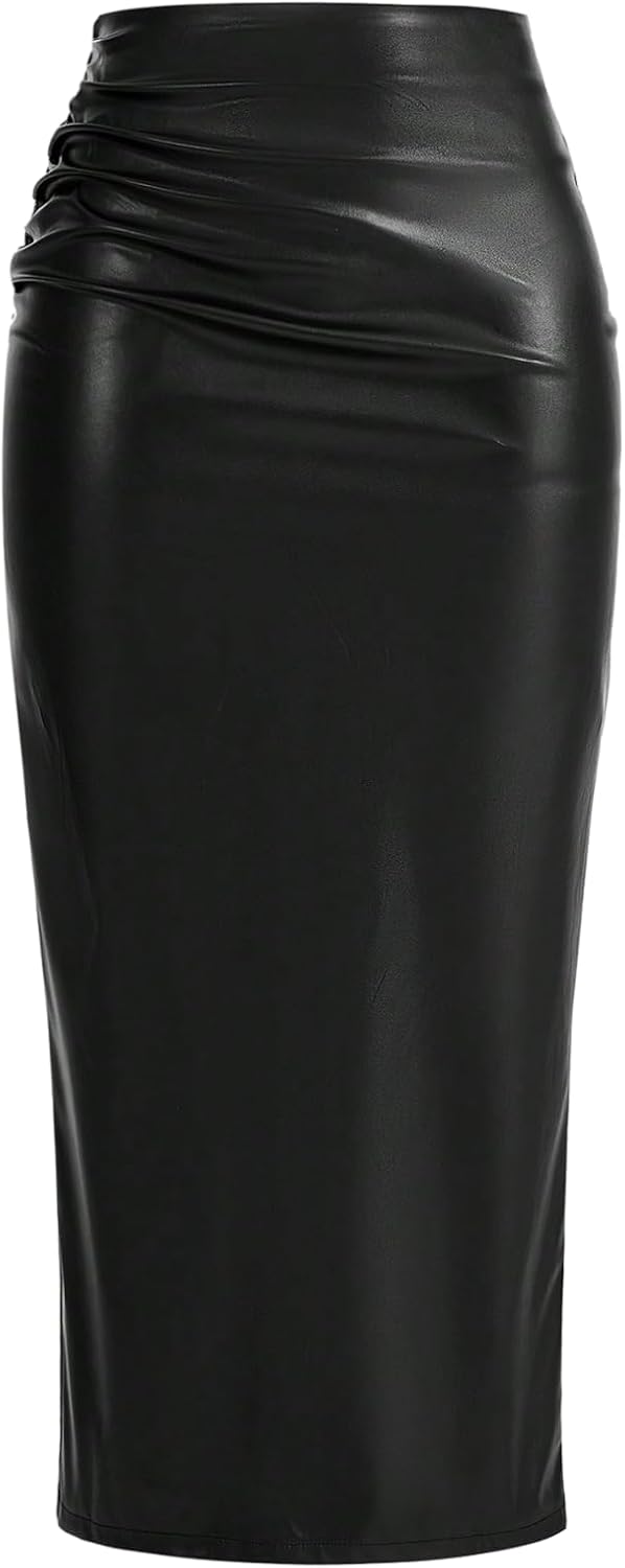 GORGLITTER Women's Ruched PU Leather Bodycon Long Skirt Slit Back Zip Up Cocktail Pencil Skirts