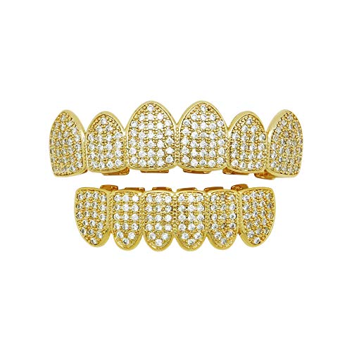 HH Bling Empire Iced Out Hip Hop Mens Brass CZ Diamond Top Bottom 14K 18K Gold Teeth Grills Sets + Molding Bar (Yellow Gold & White Diamond)