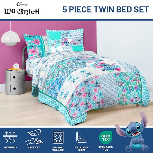 Image of Jay Franco Kids Comforter Set Includes Sheets and Pillow Covers - Soft and Cozy Bed Set for Stylish Room Decor, Multi - Lilo and Stitch 02, 5 Piece Twin Bedding