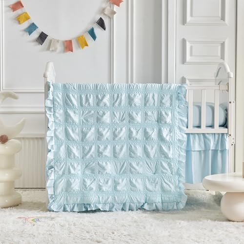 Image of Ruffled Crib Bedding Set Baby Boho Quilted Comforter with Fitted Sheet and Bed Skirt - Cute Soft Breathable Seersucker Ruffled Shabby Chic Bedding Soft Blanket Design - Blue