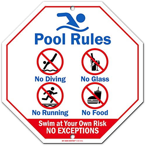 Pool Rules No Diving, No Glass, No Running, No Food Swim at Your Own Risk No Exceptions Sign, 12