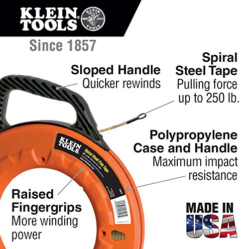 Klein Tools 56013 Durable Spiral Steel Fish Tape, 50-Foot Long X 3/16-Inch Wide In 13-Inch Casing #TOP1