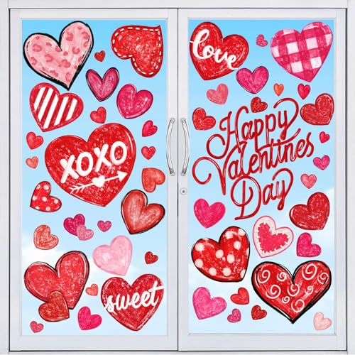 DIYDEC 6 Sheets Valentines Window Cling Double-Sided Pink Red Love Heart Window Stickers Happy Valentines Window Decals for Home Wedding Anniversary Party Store Glass Holiday Decoration