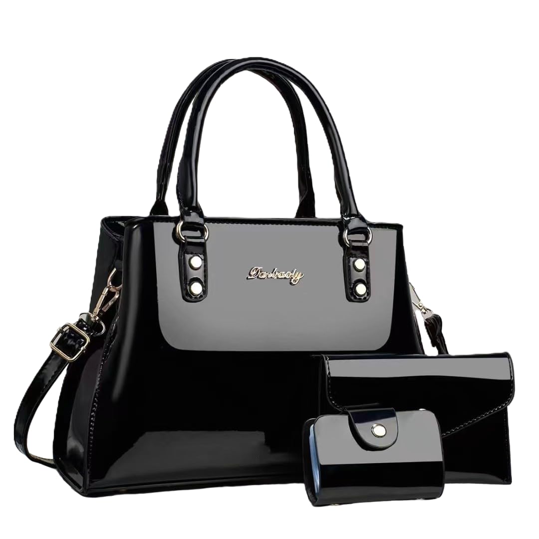 SYGA Pack of 3 Women's Glossy Patent Clutch,Wallet & Handbag, Zipper Purse Suitable Gift for a Festival,occasion,Birthday(Black)