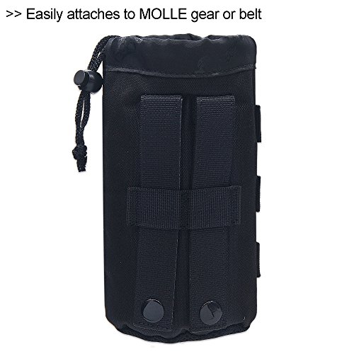 Cevinee Ultra-Light Tactical MOLLE Water Bottle Pouch, Drawstring Open Top & Mesh Bottom Travel Water Bottle Bag - Black