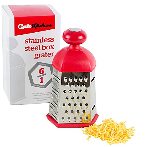 Guteküchen Multipurpose Stainless Steel Box Grater, Slicer And Zester, 6-sided Kitchen Tool With Easy Grip Red Handle And Non-slip Silicone Base For Stability, For Home Kitchen And Professional Use