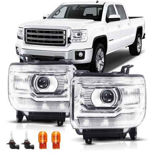 Headlight Assembly Compatible with 2014 2015 2016 2017 2018 GMC Sierra 1500 Halogen Headlamp for 2015-2019 GMC Sierra 2500HD 3500HD Pair W/O LED DRL With Bulbs Chrome Housing Clear Reflector