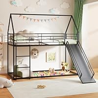 GYMAX Metal Kids Bunk Bed, Children Loft Bed with Slide, Safety Guardrail & Ladder, House Shaped Toddler Bedframe for Boys Girls, No Box Spring Needed (Black, 196 x 195 x 179 cm)