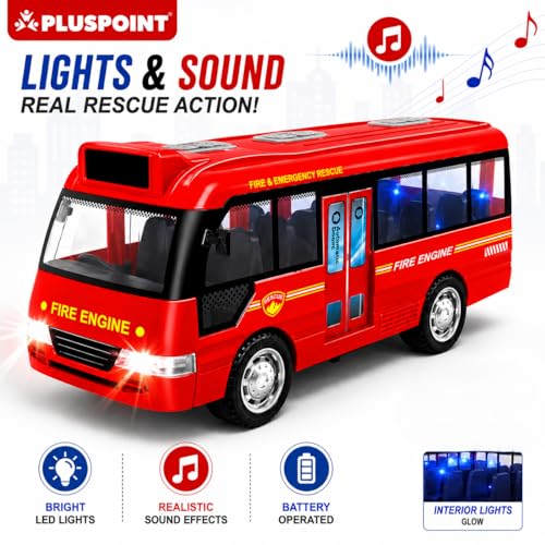 Image of PLUSPOINT Fire Rescue Bus Toy for Kids | Friction Powered Push & Go Vehicle with Lights, Sounds & Opening Doors | Durable Rescue Bus Pretend Play Toy for Boys, Girls & Toddlers