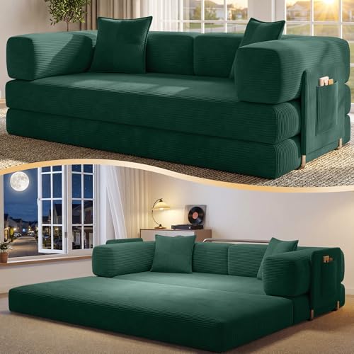 CUBENTE 78.8" Convertible Sofa Bed,Corduroy Futon Couch with Storage Pocket,Folding
