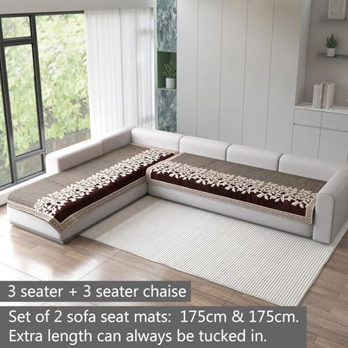 Image of Nendle Superior Velvet Floral Sofa Mat 6 Seater Set Cover Durable Protector for Living Room Sofa Set 3+3, Suitable for L Shape, Sectional and U Shape Sofa (Brown, Pack of 2)