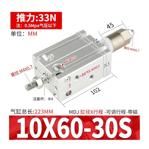 Vérin pneumatique compact MDJ10 à course réglable pour automatisme