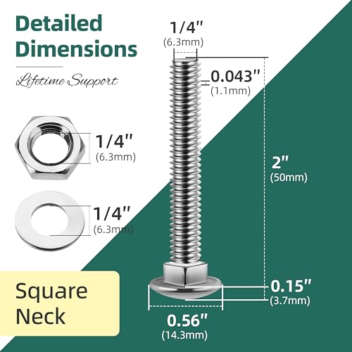 Image of (18 Sets) 1 /4-20 x 2 Carriage Bolts with Nuts and Washers, 304 Stainless Steel Round Head Square Neck 1 /4 Carriage Bolts Screws, Full Thread for Outdoor