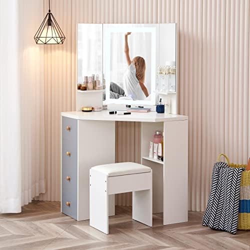 Large Corner Vanity Desk with Lighted LED Touch Mirror,4 Drawers & 2 Shelves,Vanity Desk Vanity Table for Bedroom, White
