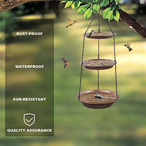 Keygift Hanging Bird Bath For Outdoor, 3-In-1 Birdfeeder & Bathbath Bowls With 28" Rust-Proof Black Chains, Antique Copper Metal Garden Decoration Yard Art #TOP1