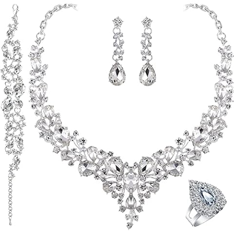 Paxuan Crystal Rhinestone Women Jewelry Sets for Wedding Bridal Party Bridesmaids Crystal Necklace Earrings Bracelets Rings Jewelry Set for Mother’s Day Cover