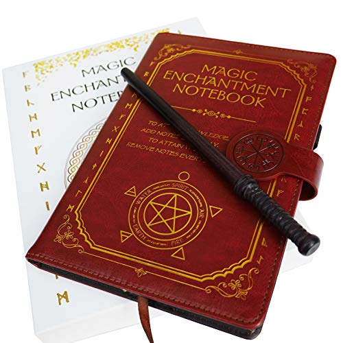 Monet Studios Magic Composition Notebook Notepad with Pencil Wand - Novelty Spell Book A5 8.5 x 5.5 inches Journal with Magical Runes Stationery Set (Red)